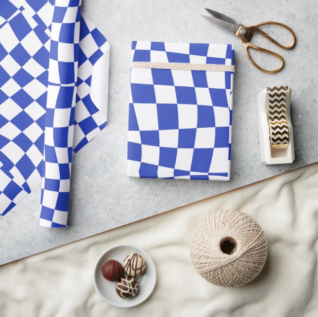 retro groovy coastal blue wavy checkered  wrapping paper (Crafts)