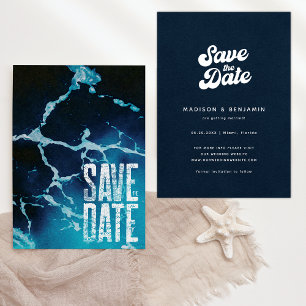 Retro Groovy Coastal Summer Blue Ocean Wedding Save The Date