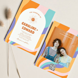 Retro Groovy Colorful Wavy Boho Wedding Qr Code  Invitation