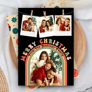Retro Groovy Colourful 4 Photo Black Christmas Holiday Card