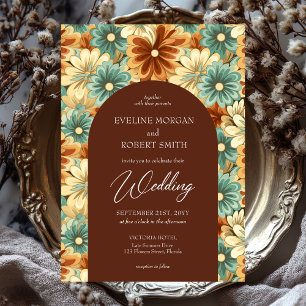 Retro groovy colourful flowers arch wedding invitation