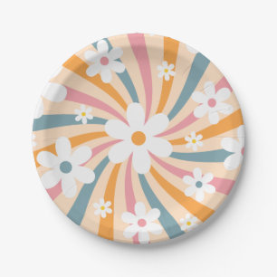 Retro Groovy Colourful Sunshine Daisy Floral Hippi Paper Plate