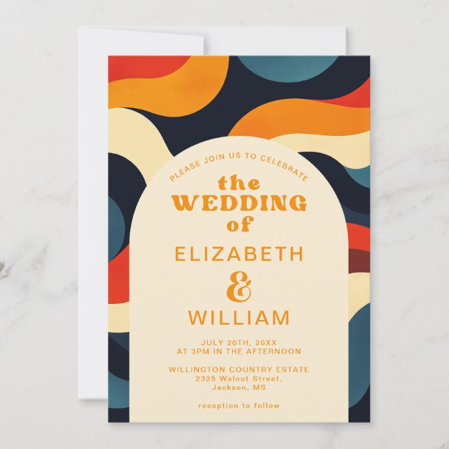 Retro Groovy Colourful  Wavy All In One Wedding Invitation (Front)