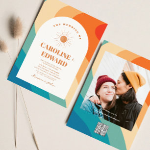 Retro Groovy Colourful Wavy Boho Wedding Qr Code  Business Card