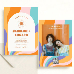 Retro Groovy Colourful Wavy Boho Wedding Qr Code Invitation