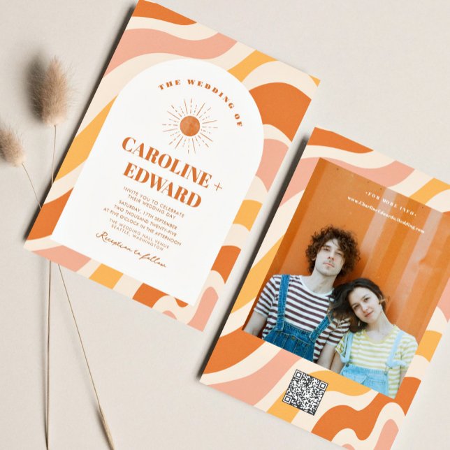 Retro Groovy Colourful Wavy Boho Wedding Qr Code  Invitation (Creator Uploaded)