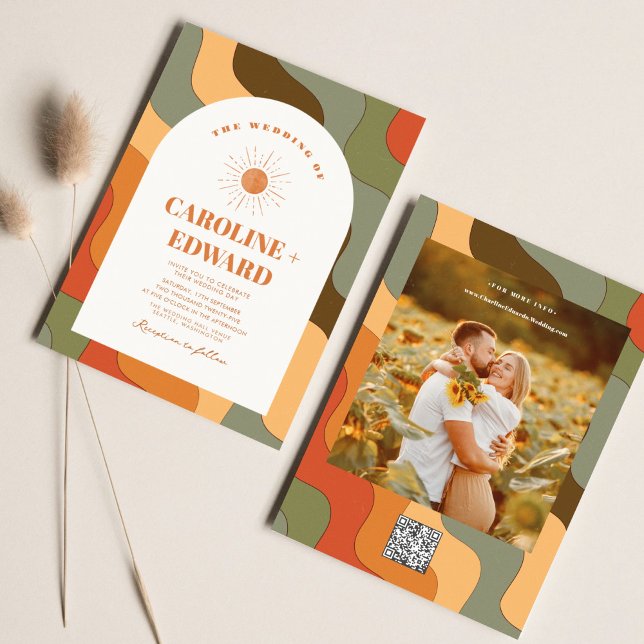 Retro Groovy Colourful Wavy Boho Wedding Qr Code  Invitation (Creator Uploaded)