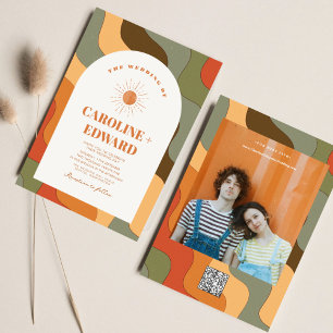 Retro Groovy Colourful Wavy Boho Wedding Qr Code  Invitation