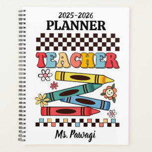 Retro groovy crayons flowers checkerboard teacher planner