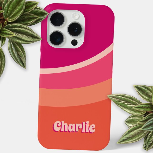 Retro Groovy Curve Pink Orange Personalised Case-Mate iPhone Case (Fun pink orange retro groovy abstract wavy curve personalized name cell phone case)