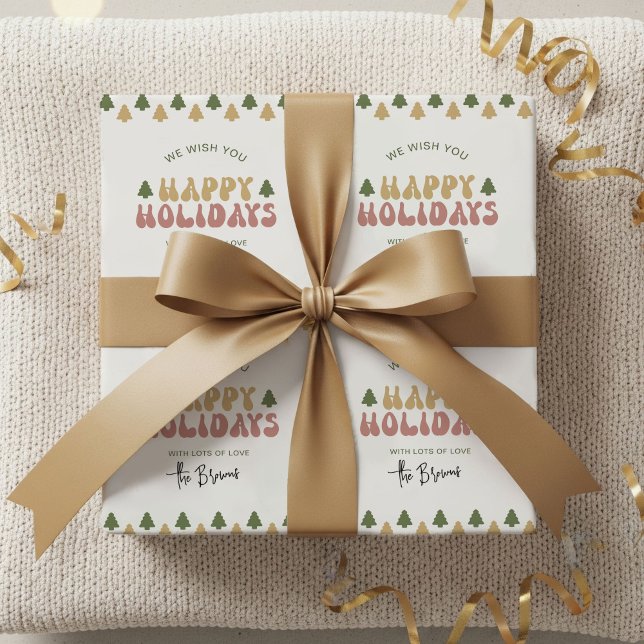 Retro Groovy Custom Name Happy Holidays Christmas Wrapping Paper (Trendy retro Happy Holidays Gift Wrapping Paper with your custom name)