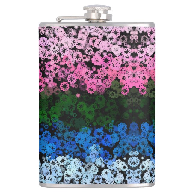 Retro Groovy Cute Floral Omniromantic Pride Flag Hip Flask (Front)