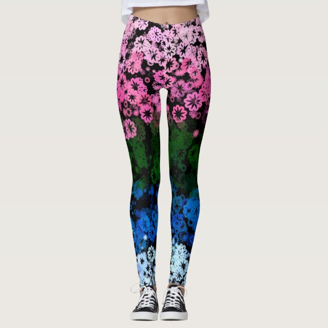 Retro Groovy Cute Floral Omniromantic Pride Flag Leggings (Front)