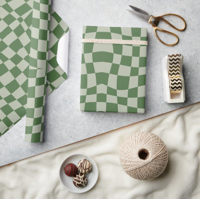 retro groovy cute sage green wavy checkered  wrapping paper (Crafts)