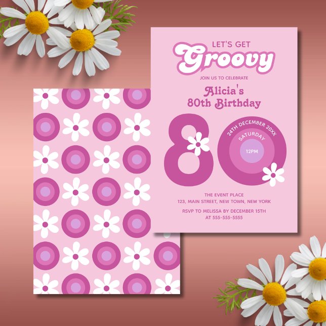 Retro Groovy Daisies Bold Pink 80th Birthday Invitation (Creator Uploaded)