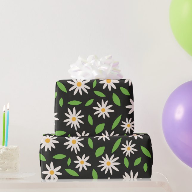 Retro Groovy Daisies Pattern on Black Birthday  Wrapping Paper (Party Gifts)
