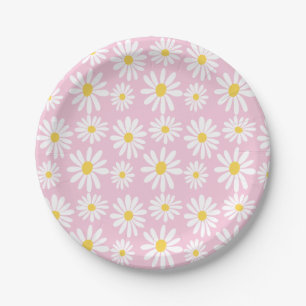 Retro Groovy Daisies Spring Daisy Boho Light Pink Paper Plate
