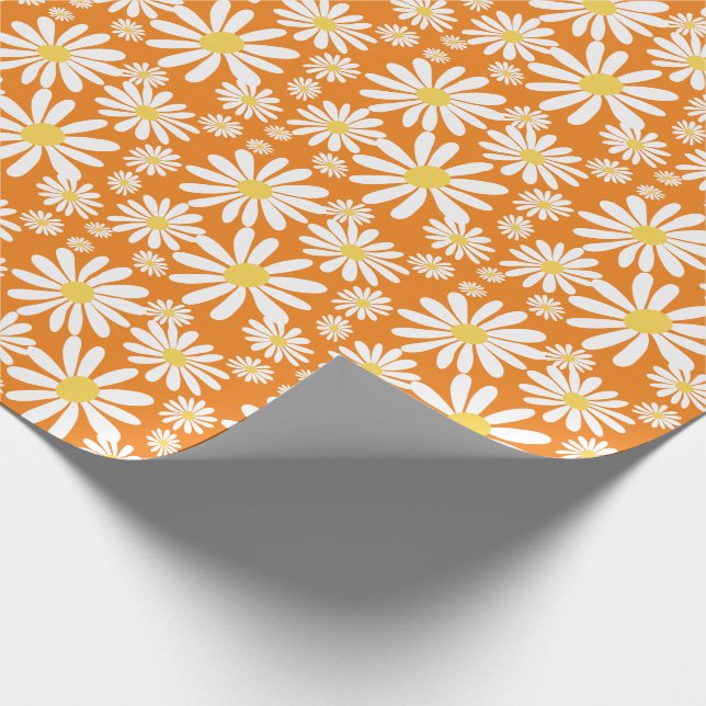 Retro Groovy Daisies Spring Pattern Orange Wrapping Paper (Corner)