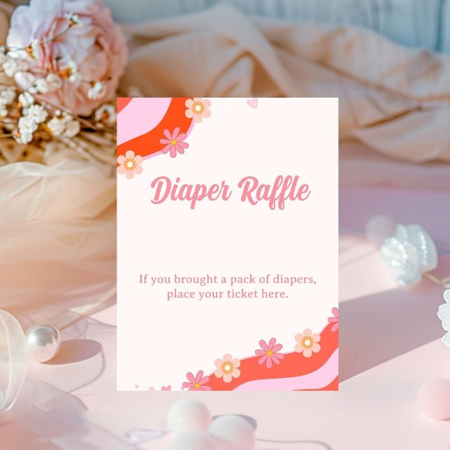 Retro Groovy Daisy baby shower diaper raffle Pedestal Sign (Creator Uploaded)