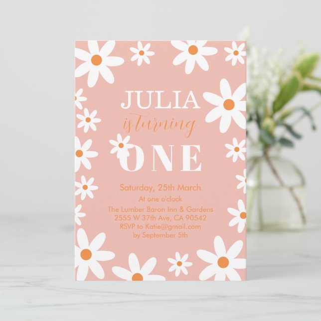 Retro Groovy Daisy Boho Girl 1st Birthday Party Invitation (Standing Front)