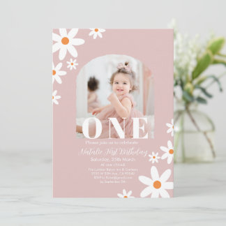 Retro Groovy Daisy Boho photo Girl 1st Birthday Invitation