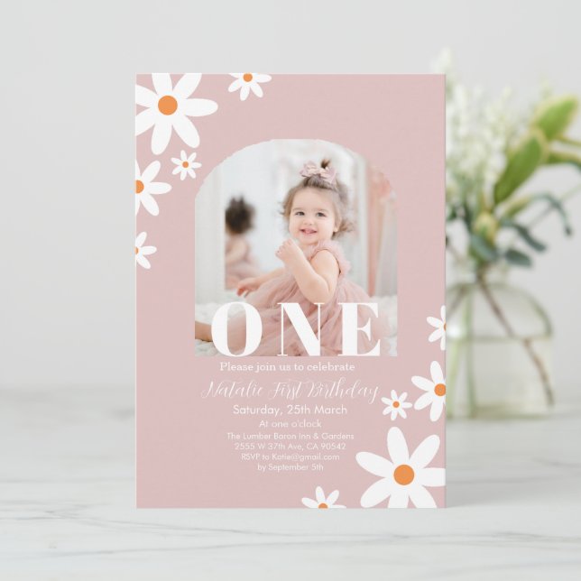 Retro Groovy Daisy Boho photo Girl 1st Birthday Invitation (Standing Front)