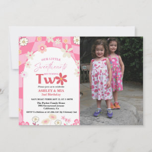Retro Groovy Daisy Boho Twin 2nd Birthday Invitation