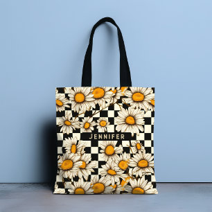 Retro Groovy Daisy Chequerboard Custom Name Gift Tote Bag