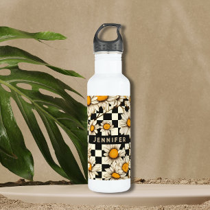 Retro Groovy Daisy Chequerboard Personalised Name 710 Ml Water Bottle