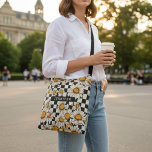 Retro Groovy Daisy Chequerboard Personalised Name Crossbody Bag<br><div class="desc">Retro Groovy Daisy Chequerboard Personalised Name Crossbody Bags features a groovy daisy pattern on a black and white chequerboard pattern background with your custom text or personalised name in the centre. Perfect as a gift for family and friends for Christmas, birthday, holidays, Mother's day, work colleagues and more. Created by...</div>