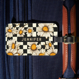 Retro Groovy Daisy Chequerboard Personalised Name Luggage Tag