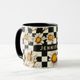 Retro Groovy Daisy Chequerboard Personalised Name Mug