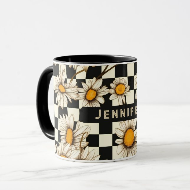Retro Groovy Daisy Chequerboard Personalised Name Mug (Front Left)