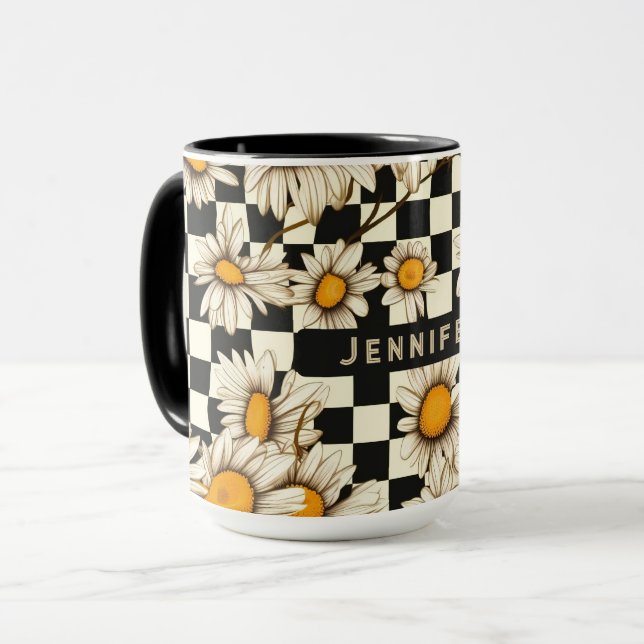 Retro Groovy Daisy Chequerboard Personalised Name Mug (Front Left)