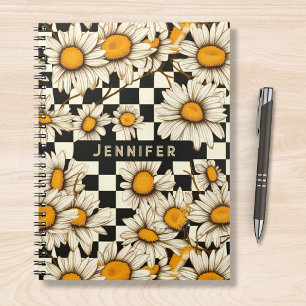 Retro Groovy Daisy Chequerboard Personalised Name Notebook