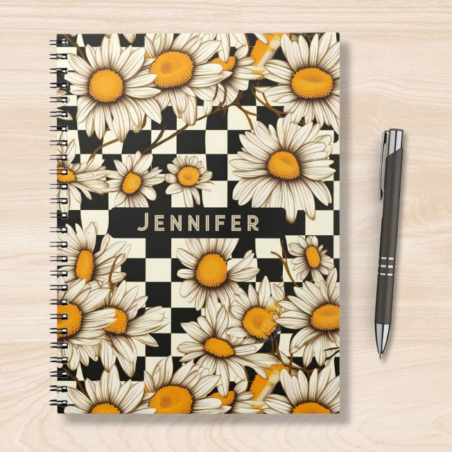 Retro Groovy Daisy Chequerboard Personalised Name Notebook (Creator Uploaded)