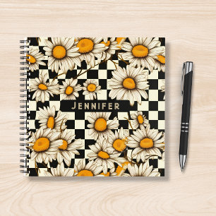 Retro Groovy Daisy Chequerboard Personalised Name Notebook