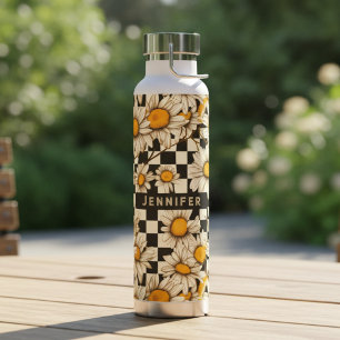 Retro Groovy Daisy Chequerboard Personalised Name Water Bottle