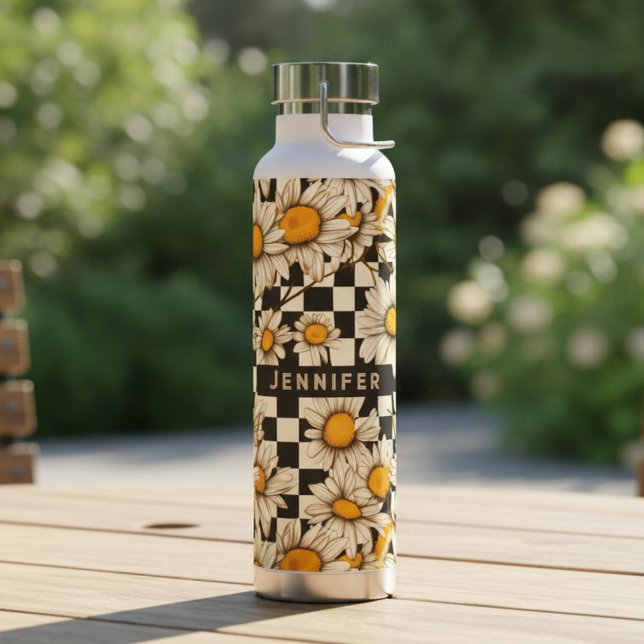 Retro Groovy Daisy Chequerboard Personalised Name Water Bottle (Creator Uploaded)