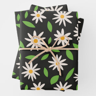 Retro Groovy Daisy flowers on Black Birthday Wrapping Paper Sheet