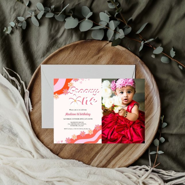 Retro groovy daisy Groovy One First Girl birthday Invitation (Creator Uploaded)