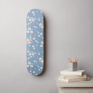 Retro Groovy Daisy Pattern Dusty Blue Floral 70s Skateboard