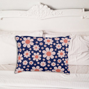 Retro Groovy Daisy Pattern Navy Blue Orange Decorative Cushion