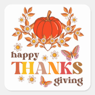 Retro Groovy Daisy Pumpkin Hippie Thanksgiving Square Sticker