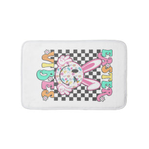 Retro Groovy Easter Vibes Bunny Checkered Smile Wo Bath Mat