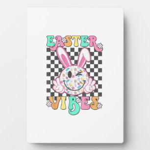 Retro Groovy Easter Vibes Bunny Checkered Smile Wo Plaque