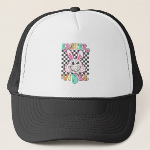 Retro Groovy Easter Vibes Bunny Checkered Smile Wo Trucker Hat