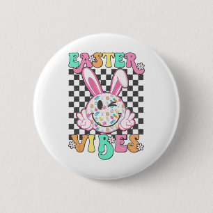 Retro Groovy Easter Vibes Bunny Chequered Smile Wo 6 Cm Round Badge
