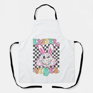 Retro Groovy Easter Vibes Bunny Chequered Smile Wo Apron
