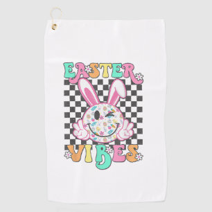 Retro Groovy Easter Vibes Bunny Chequered Smile Wo Golf Towel